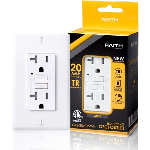 Self-Test 20A TR GFCI Outlet Receptacle with Wall Plate, White, Faith, Mfr#: GLS-20ATR-WH